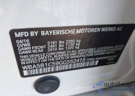 2016 BMW 535I из США, поврежденный, VIN WBA5B1C59GG552415